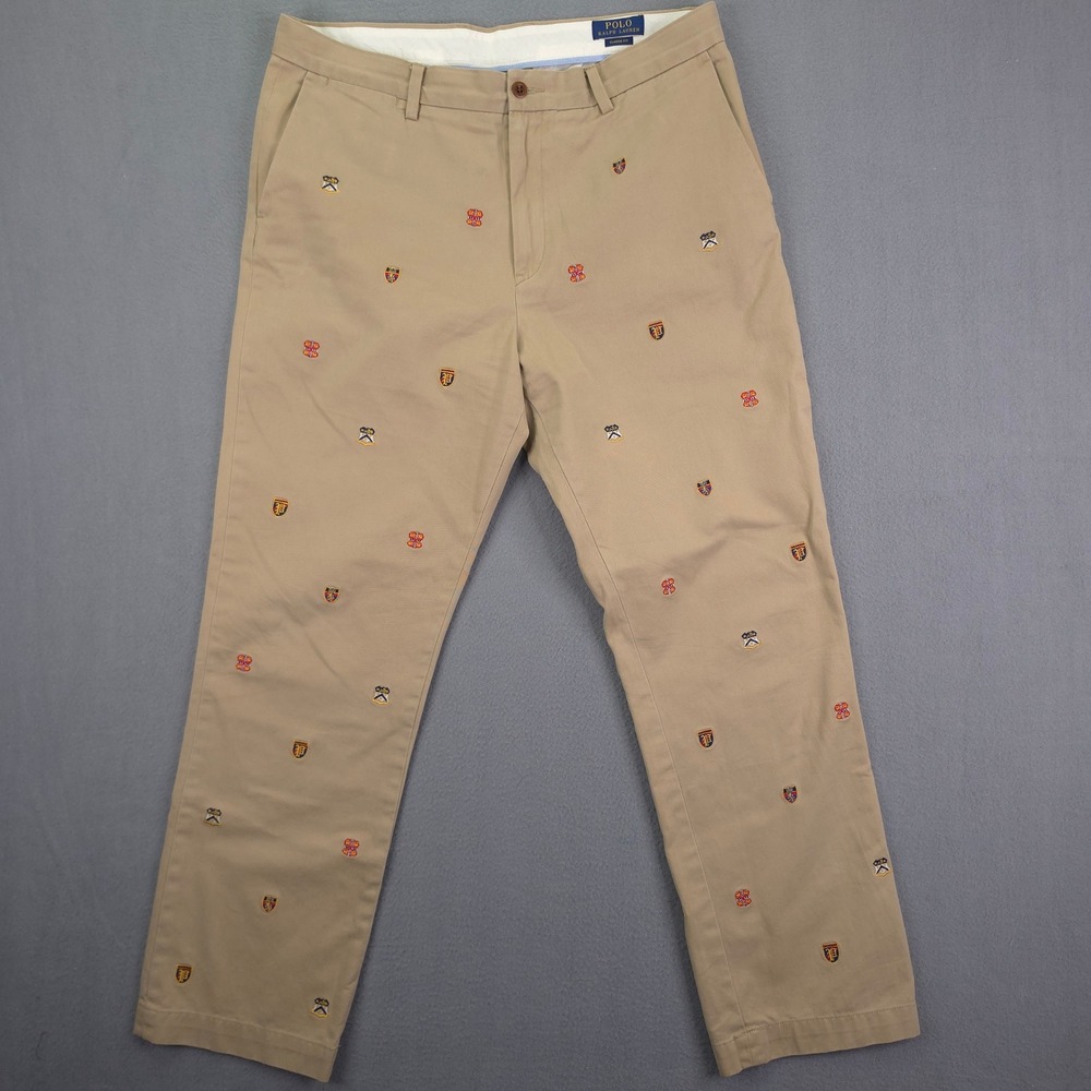 POLO RALPH LAUREN Chino Pants Crest Embroidery Khaki 35x32 Classic Fit Cotton